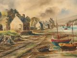 un tableau représentant des bateaux sur le rivage d'une petite ville