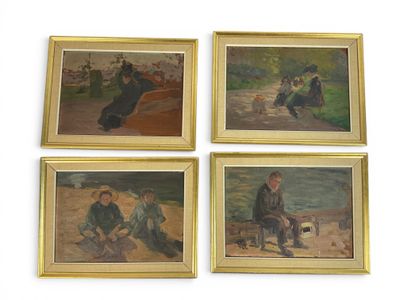 quatre tableaux encadrés représentant des personnes assises sur une plage avec un chien