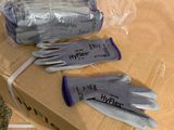 three pairs of gloves sitting on top of a cardboard box