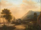 painting of a landscape with a river and a castle in the distance