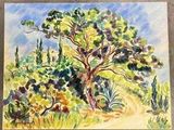 une aquarelle représentant un arbre au milieu d'un champ