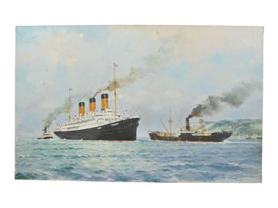painting of two ships in the water with smoke coming out of them