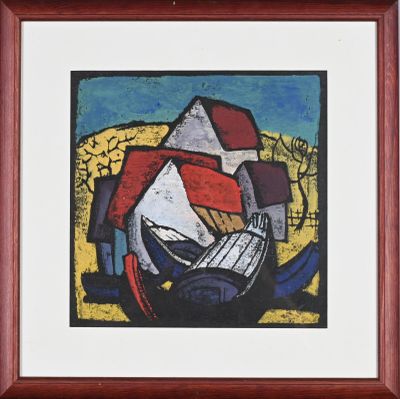 tirage encadré et monté sur passe-partout représentant une peinture d'une maison et d'un bateau