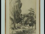 une image représentant un dessin d'une maison et d'arbres dans un champ
