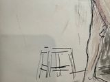 drawing of a man standing in front of a stool with a hat on