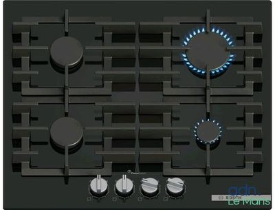 a black stove top with a blue burner and four burners