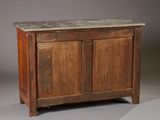 an old wooden cabinet with a marble top on a gray background