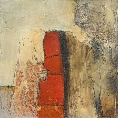 tableau représentant un homme et une femme debout devant une porte rouge