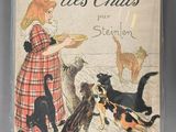 un vieux livre avec l'image d'une petite fille qui nourrit des chats