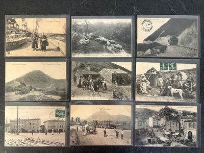 several old black and white photographs of people and animals in a town