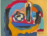 une peinture représentant une nature morte avec une bouteille de vin et une assiette de nourriture