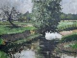 a painting of a stream running through a green field
