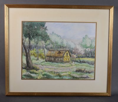 an image of a painting of a house in a field