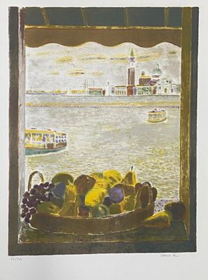 a painting of a basket of fruit on a window sill