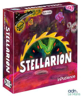 the card game stellarion is in a box with a picture of a green alien