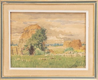 an image of a painting of a field with hay stacks in the background