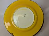 a yellow plate on a white table with a white background