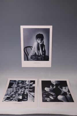 two black and white photographs of a woman sitting at a table