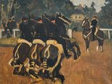 une peinture représentant un groupe d'hommes à cheval