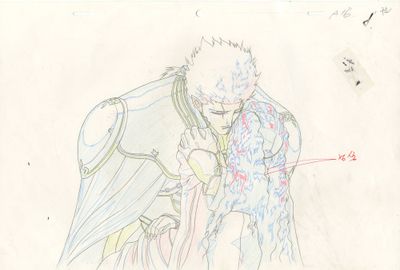 dessin représentant un homme en armure tenant une épée et un oiseau