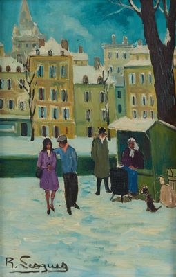 a painting of people walking in the snow near a building