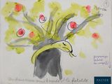 dessin représentant un arbre chargé de pommes, orné d'un ruban jaune