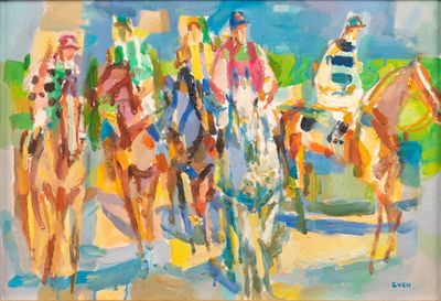 a painting of a group of people riding horses