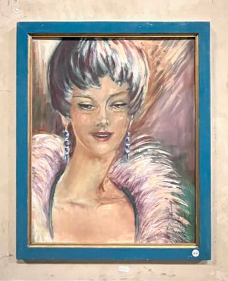 tableau représentant une femme en robe rose, dans un cadre bleu