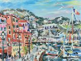 painting of boats in a harbor with buildings and a seagull in the background