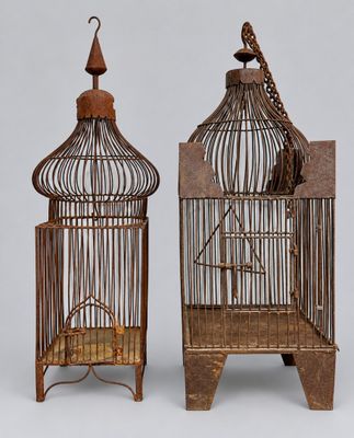 pair of antique bird cages with a bird in a cage and a bird in a cage