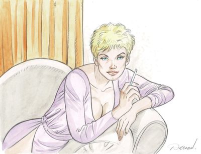 un dessin représentant une femme assise sur une chaise