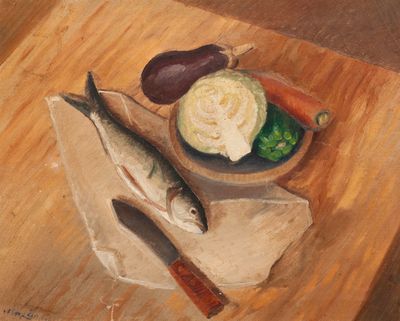 a painting of a fish and vegetables on a table