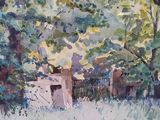 watercolor painting of a house in a field with trees in the background