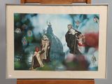 a picture of a painting on a easel with a picture of a man and a woman