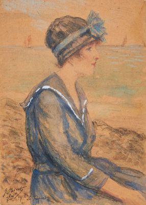 tableau représentant une femme en robe bleue et chapeau, assise sur une plage
