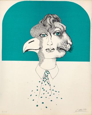 une image représentant le dessin d'un homme avec un oiseau sur la tête