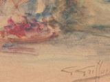 a painting of a woman sitting at a table with a plate of food