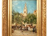 an oil painting of a town square with a church in the background