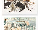 deux tableaux représentant des chats qui courent dans une rue de la ville et un homme qui marche dans cette rue
