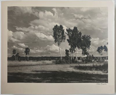 une vieille photo en noir et blanc représentant une ferme avec des arbres au premier plan