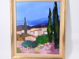 une peinture à l'huile représentant une vue d'un village avec des arbres au premier plan
