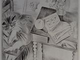 a drawing of a cat sleeping on a desk