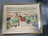 aquarelle encadrée représentant un paysage avec un chien au premier plan