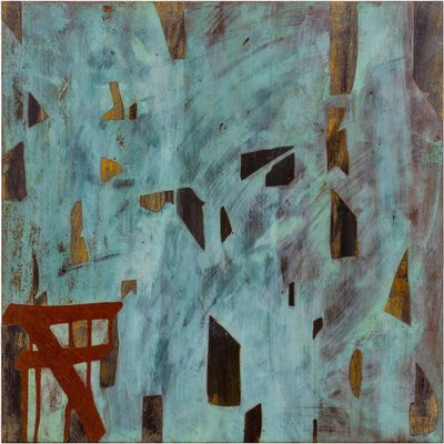 an image of a painting of a city with a red chair in the foreground