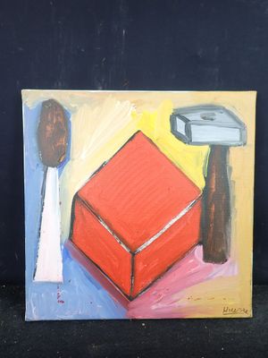 peinture représentant une boîte rouge et un marteau sur un fond noir