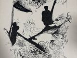 a black and white drawing of a man on a tree branch