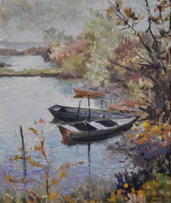a painting of a boat that is sitting on the water