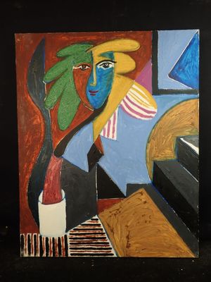 an image of a painting of a woman sitting at a table with a bottle of wine