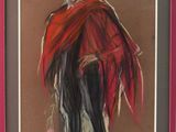 tableau représentant un homme vêtu d'une cape rouge et d'un pantalon noir
