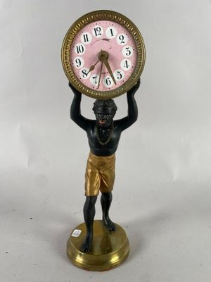 une statue représentant un homme tenant une horloge sur la tête